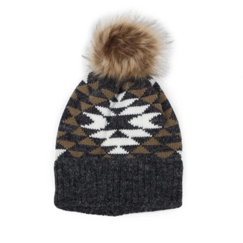 Aztec Print Knit Beanie With Pom Pom